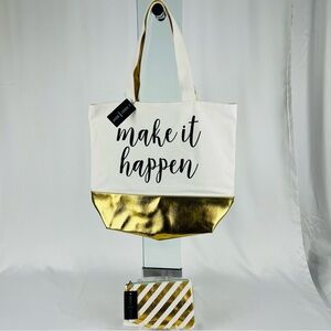 NWT Jade & Deer “Make It Happen" Tote Bag with Zip Pouch Wallet Cream Gold